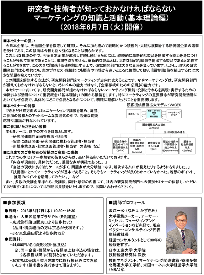 研究者・技術者が知っておかなければならないマーケティングの知識と活動（基本理論編）、開催日：2018年 6月7日（木） 開催場所：東京