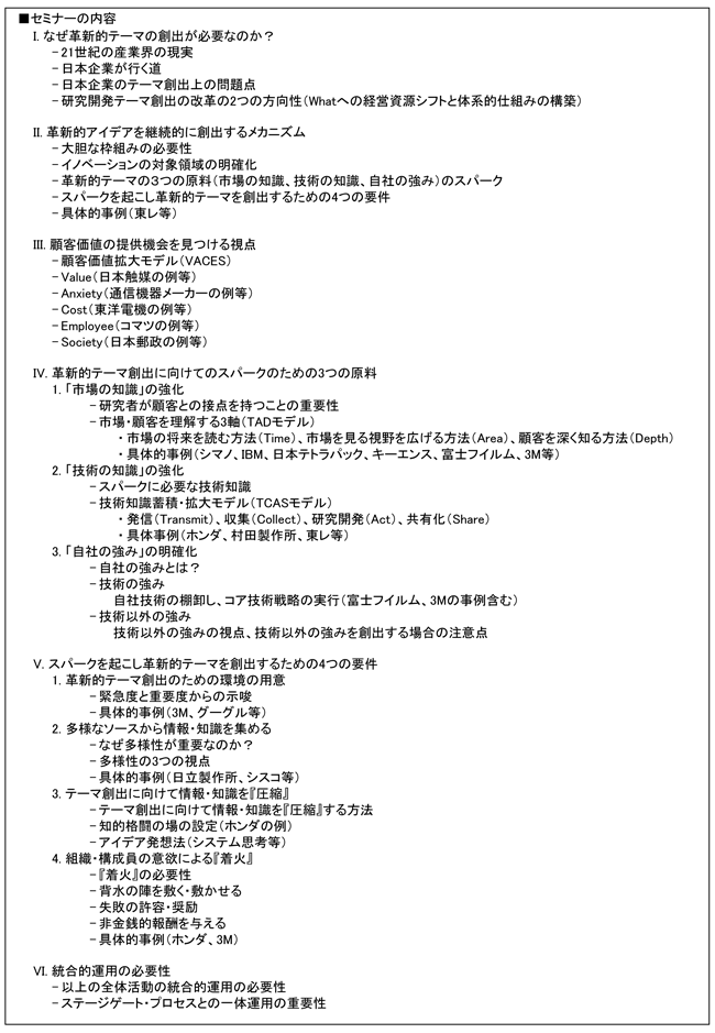 「革新的R&Dテーマを継続的に創出する仕組みの構築」セミナー、開催場所：東京、開催日：2015年6月15日（月）