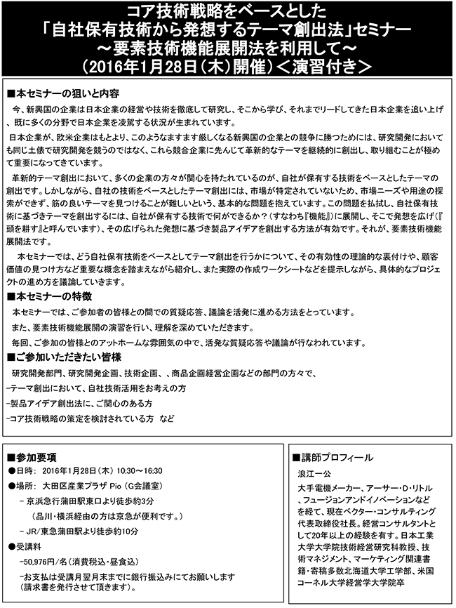 「コア技術戦略をベースとした自社保有技術から発想するテーマ創出法」セミナー～要素技術機能展開法を利用して～、開催場所：東京、開催日：2016年1月28日（木）