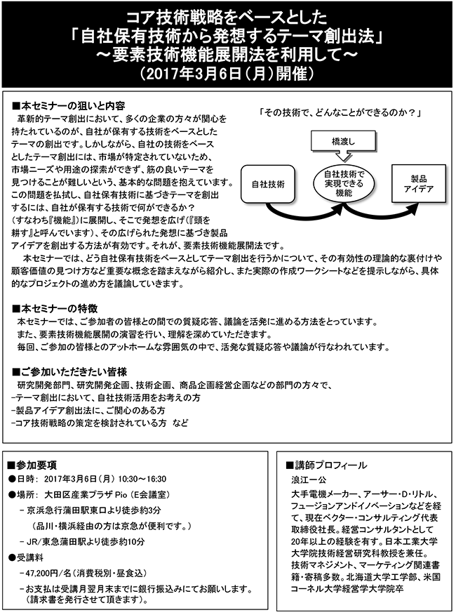 コア技術戦略をベースとした自社保有技術から発想するテーマ創出法～要素技術機能展開法を利用して～、開催日：2017年3月6日（月） 開催場所：東京