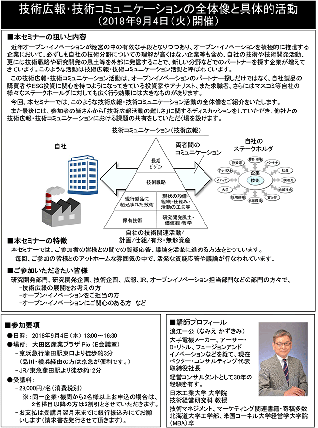 技術広報・技術コミュニケーションの全体像と具体的活動、開催日：2018年 9月4日（火） 開催場所：東京