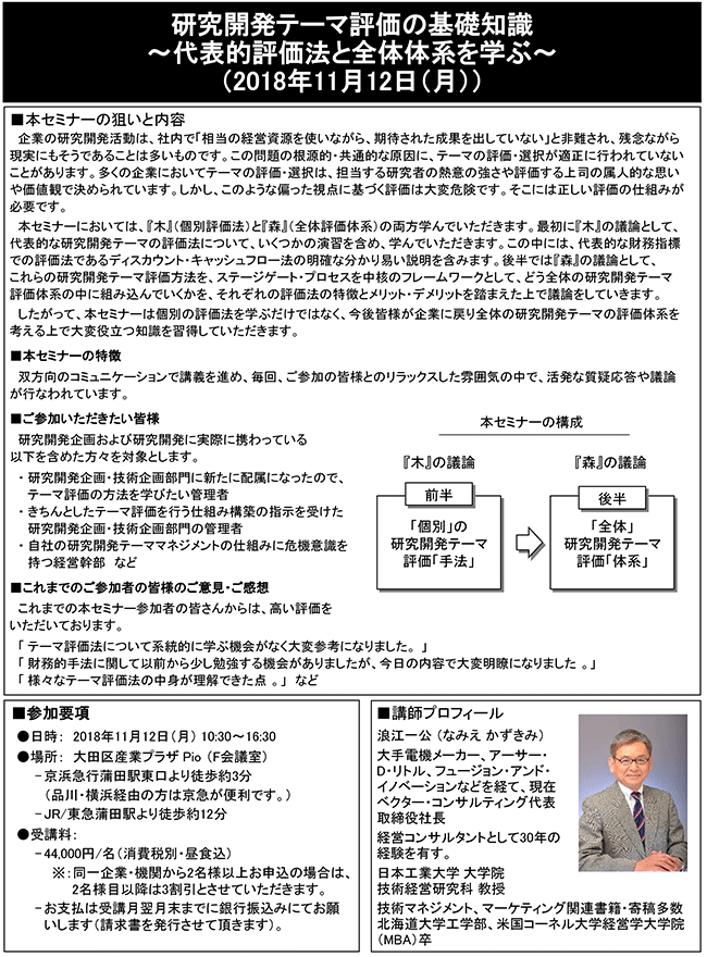 研究開発テーマ評価の基礎知識、開催日：11月12日（月）　開催場所：東京