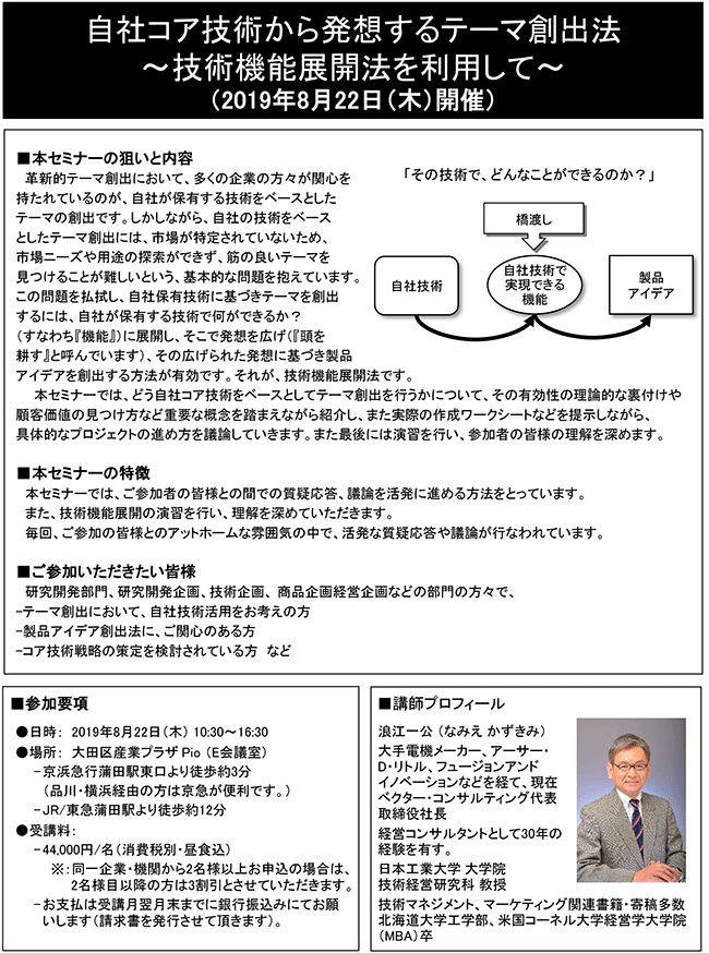 自社コア技術から発想するテーマ創出法～技術機能展開法を利用して～、開催日： 8月22日（木） 　開催場所：東京