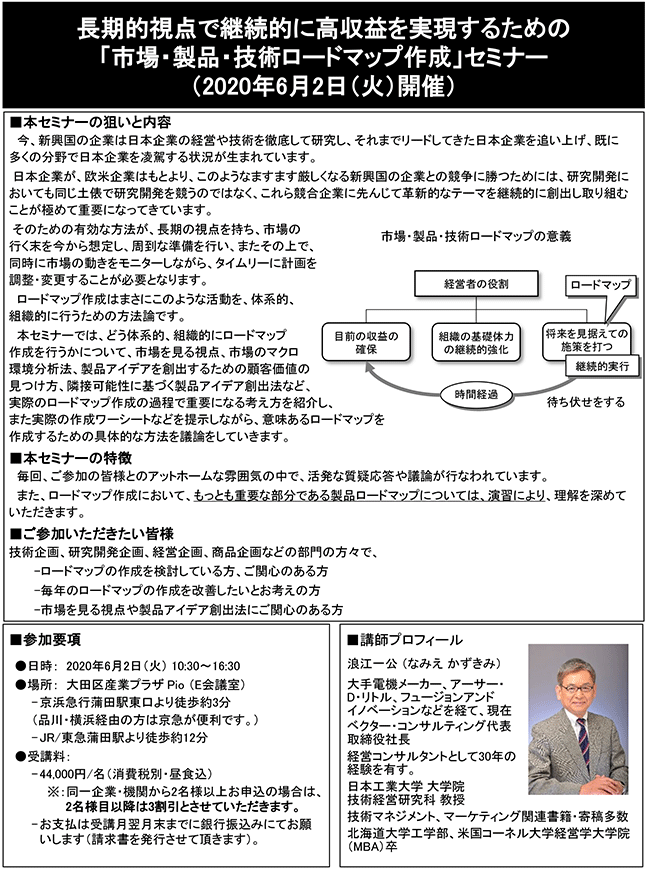 長期的視点で継続的に高収益を実現するための「市場・製品・技術ロードマップ作成」、開催日： 6月2日（金） 　開催場所：東京