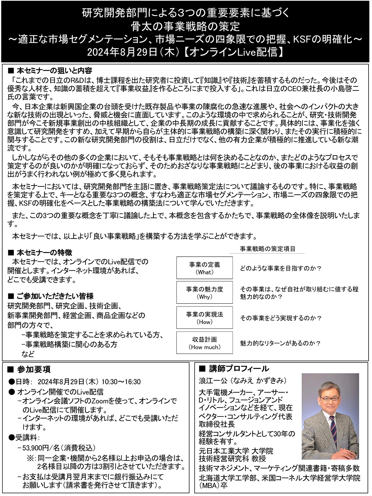 研究開発部門による３つの重要要素に基づく骨太の事業戦略の策定、開催日： 2024年8月29日（木）　【オンラインLive配信】