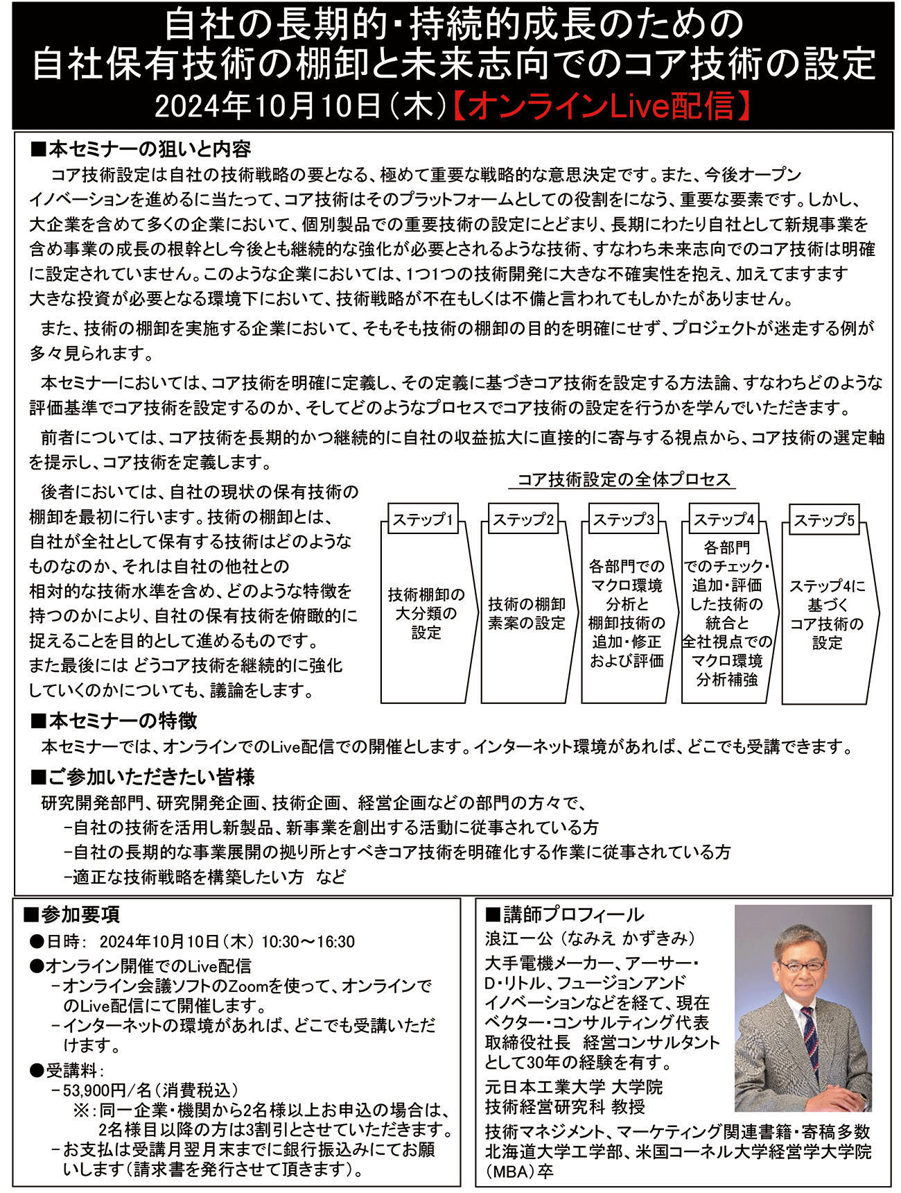 自社の長期的・持続的成長のための自社保有技術の棚卸と未来志向でのコア技術の設定、開催日： 2024年10月10日（木） 【オンラインLive配信】