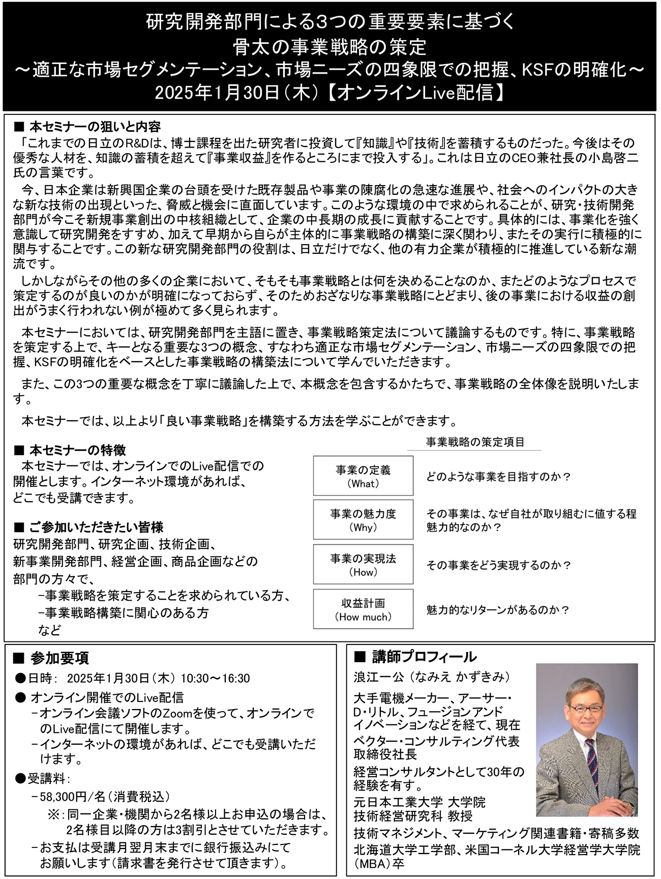 研究開発部門による３つの重要要素に基づく骨太の事業戦略の策定、開催日： 2025年1月30日（木）　【オンラインLive配信】