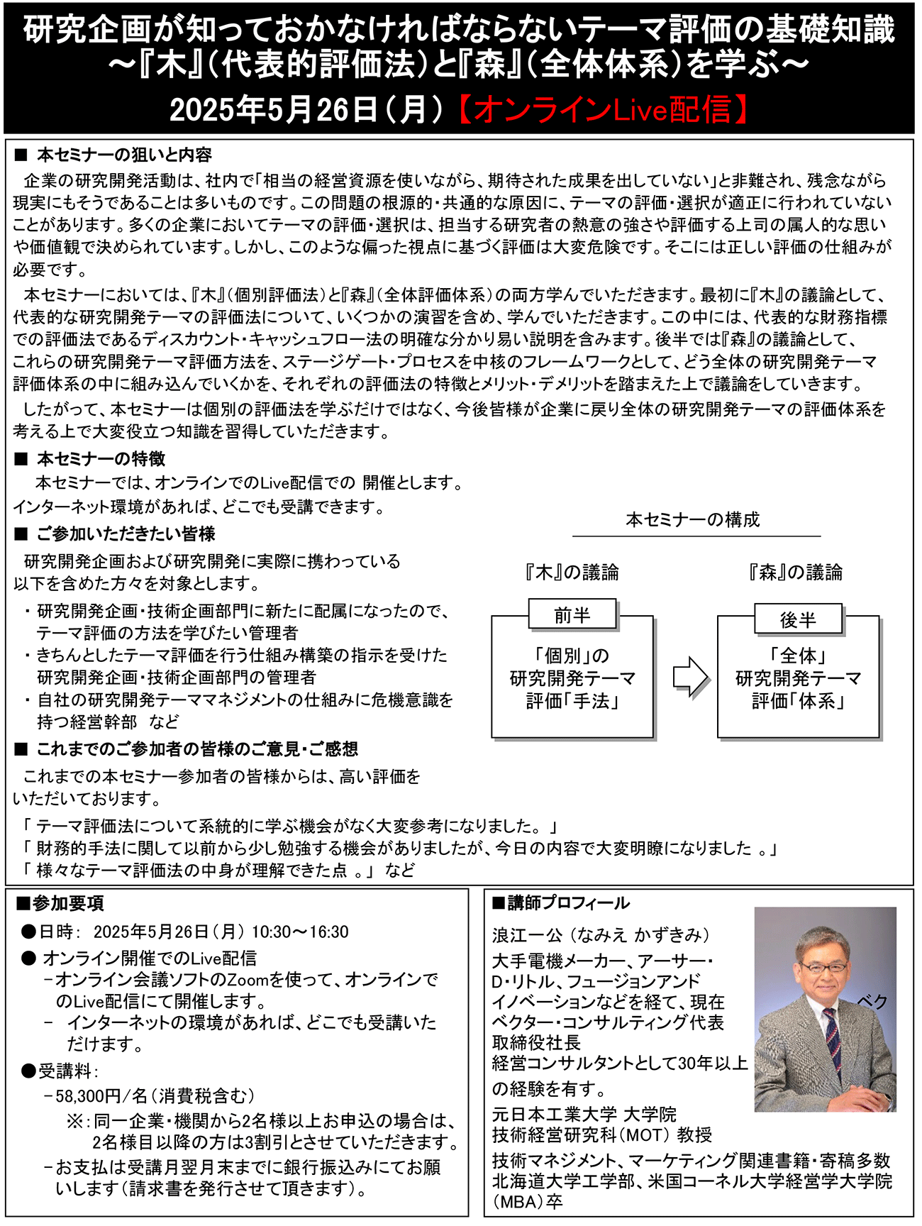 研究企画が知っておかなければならないテーマ評価の基礎知識～『木』（代表的評価法）と『森』（全体体系）を学ぶ～、開催日： 2025年5月26日（月） 　【オンラインLive配信】