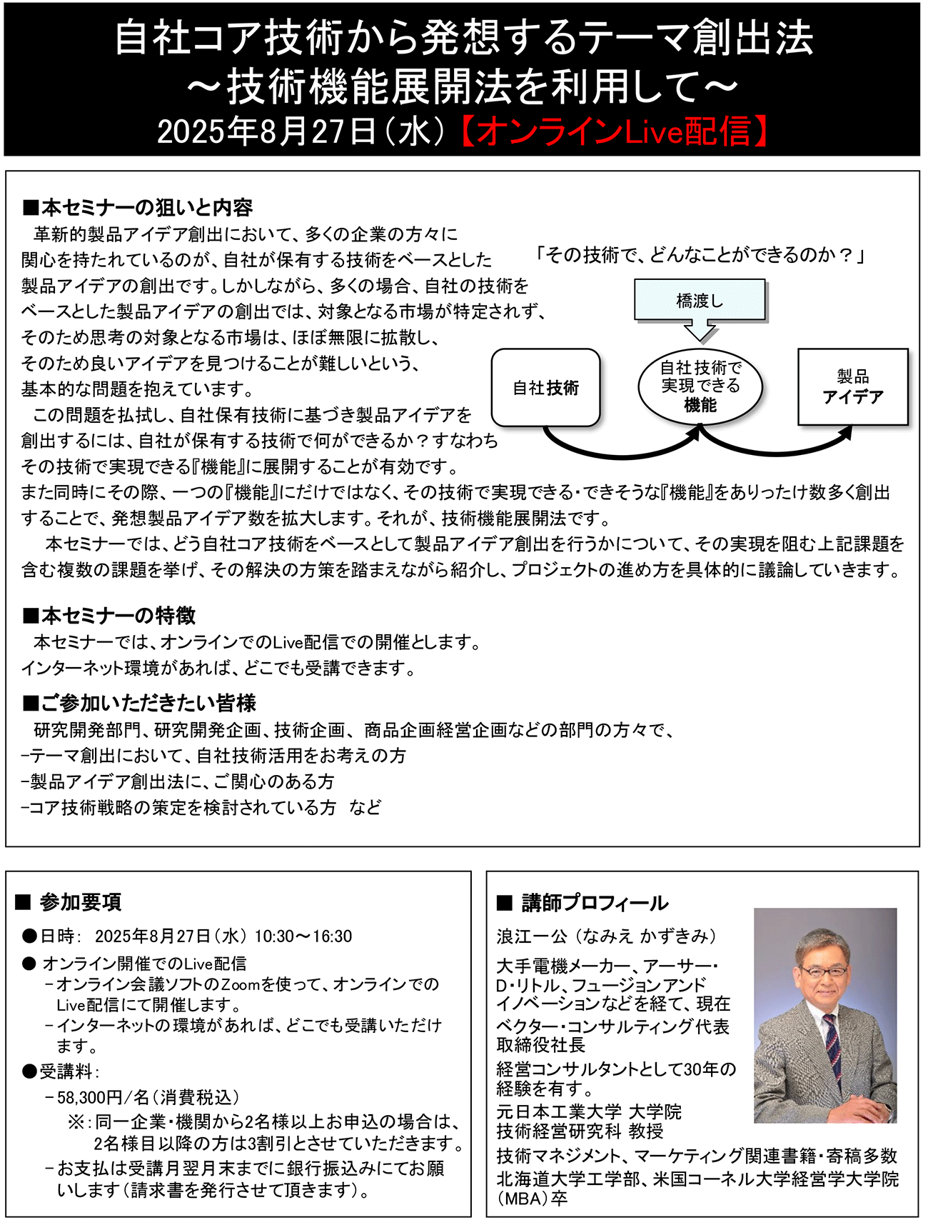 自社コア技術から発想するテーマ創出法～技術機能展開法を利用して～、開催日： 2025年8月27日（水）　【オンラインLive配信】