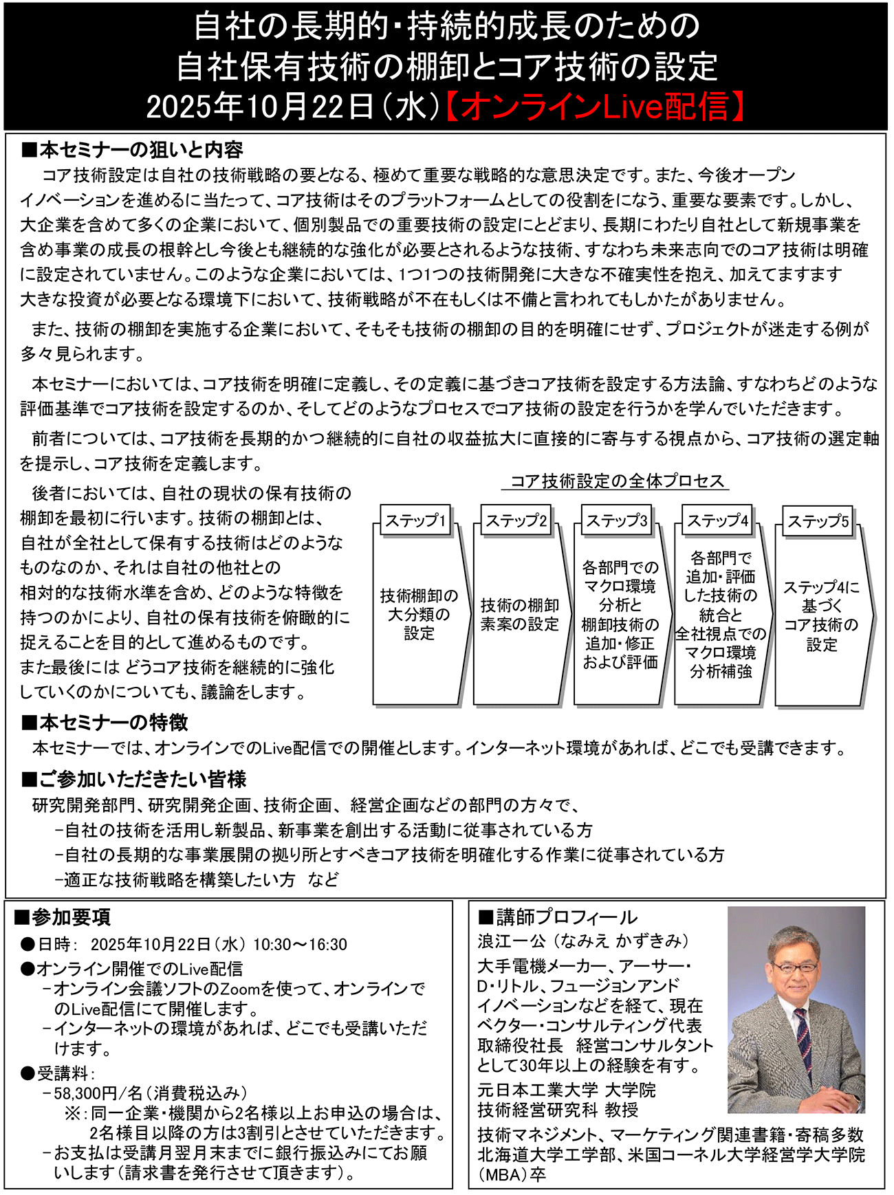 自社の長期的・持続的成長のための自社保有技術の棚卸とコア技術の設定、開催日： 2025年10月22日（水） 【オンラインLive配信】