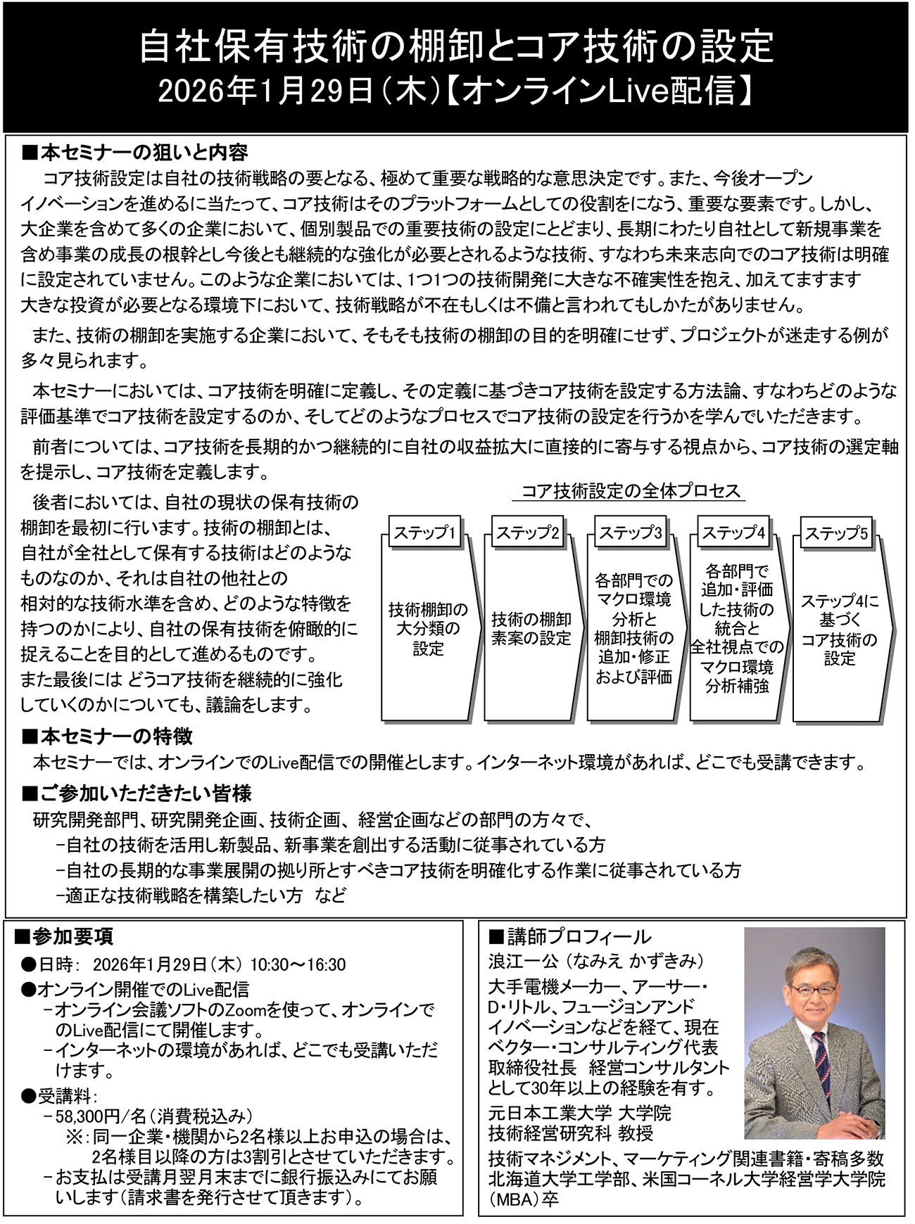 自社保有技術の棚卸とコア技術の設定、開催日： 2026年1月29日（木） 【オンラインLive配信】