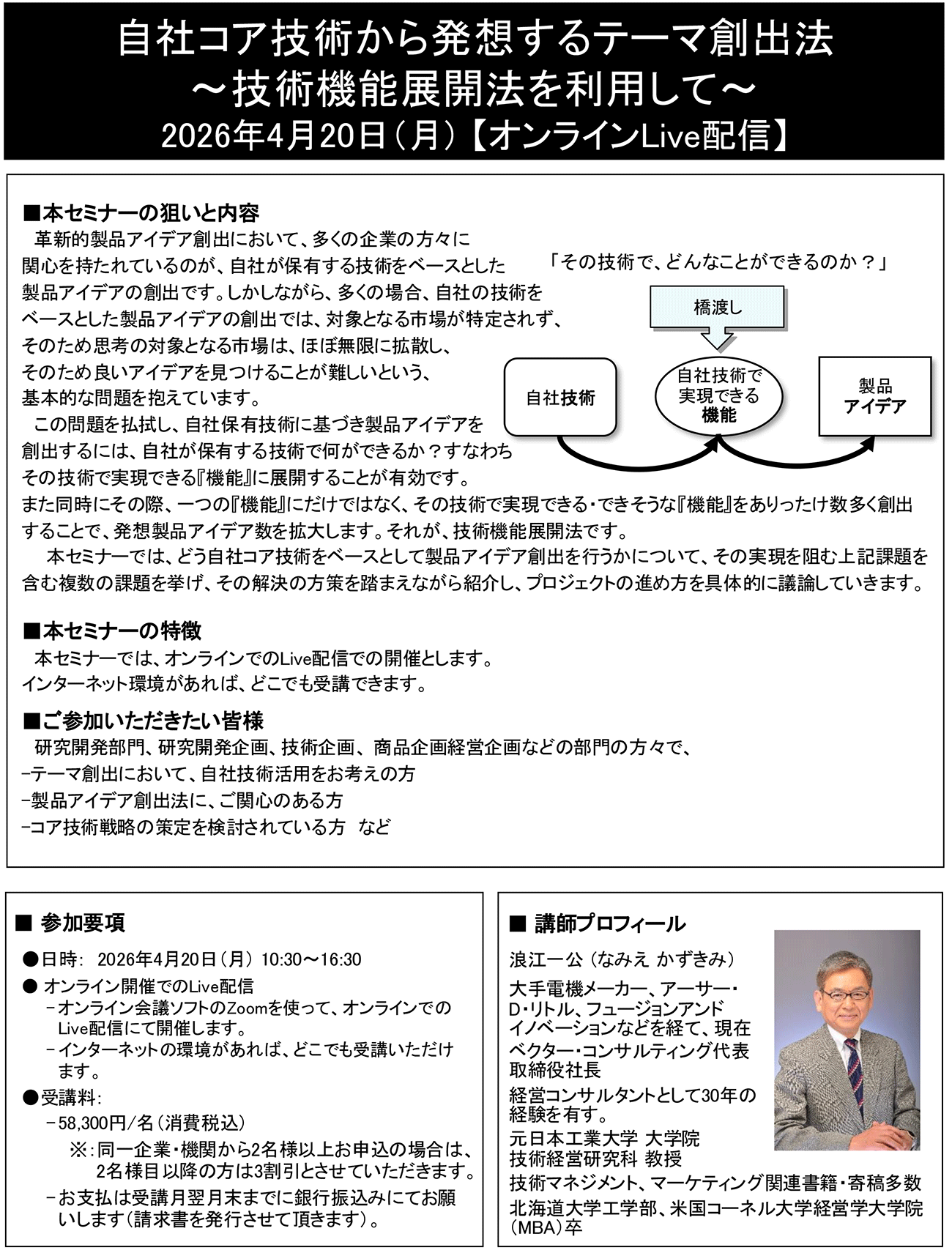 自社コア技術から発想するテーマ創出法～技術機能展開法を利用して～（受講料：58,300円/名 消費税込）、開催日： 2026年4月20日（月）　【オンラインLive配信】